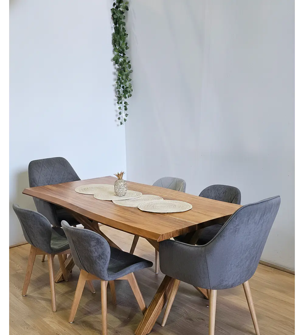 Juego de Comedor Medlock Rústica 160x90 cm + 4 Sillas Mariposa Velvet + 2 Poltrona Diamante