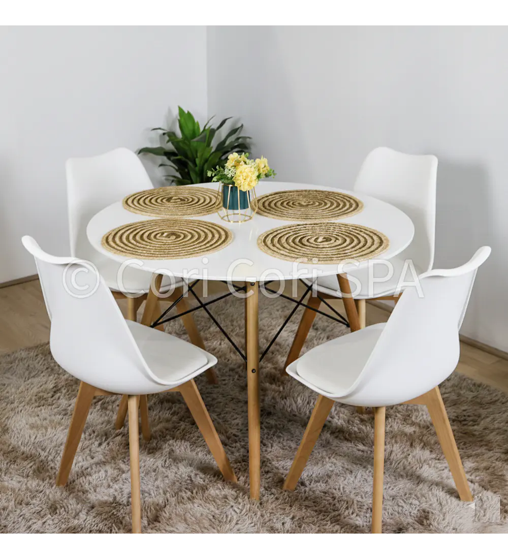 Comedor Mesa Eames Blanca 100cms + 4 Sillas Tulip