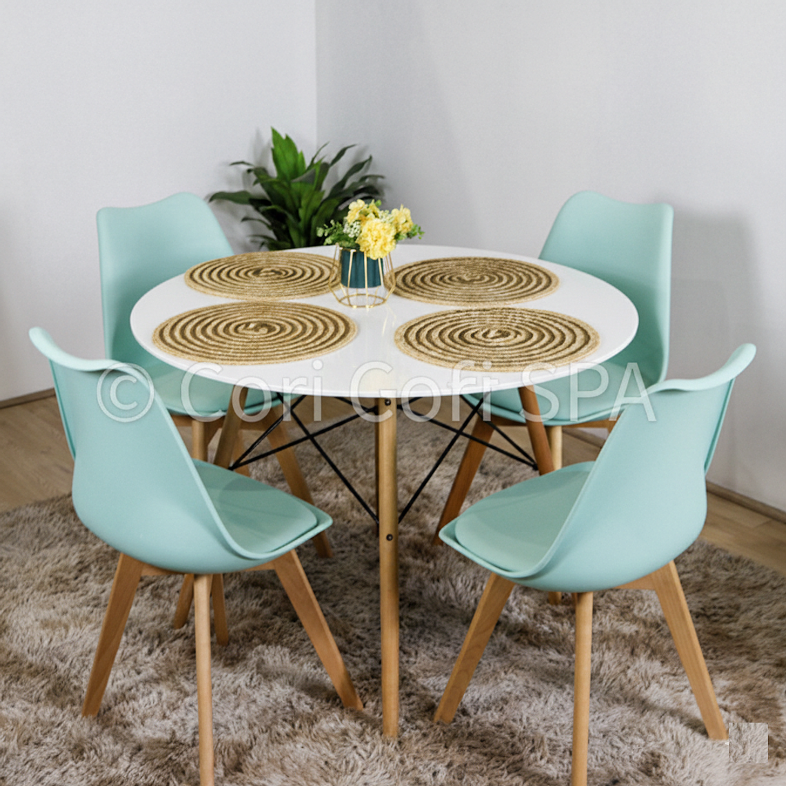 Comedor Mesa Eames Blanca 100cms + 4 Sillas Tulip 14