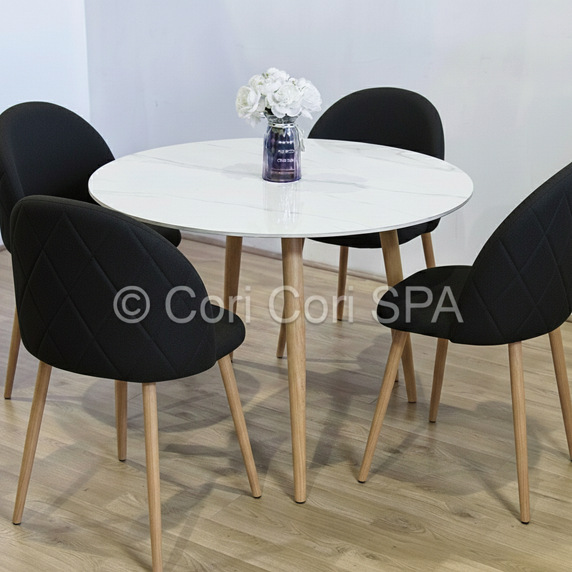 Comedor Mesa Mármol (100cms) + 4 Sillas Bread Lino Wood 8