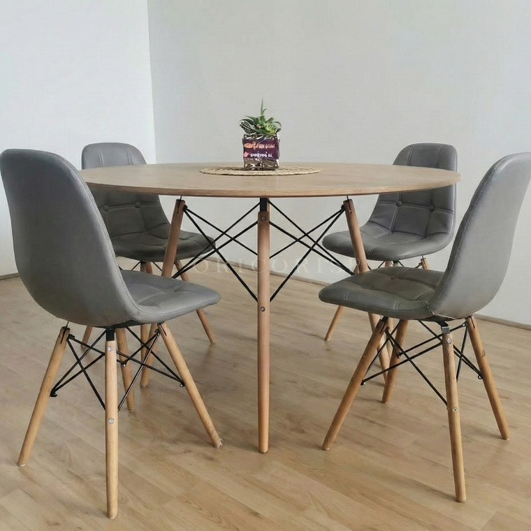 Comedor Mesa Wood 100cm + 4 Sillas Capitonne Eames Ecocuero 12