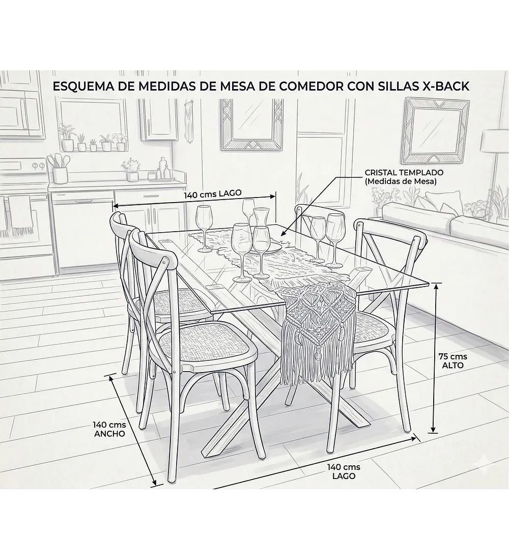 Comedor Medlock 140x90cms + 4 Sillas Crossback Madera