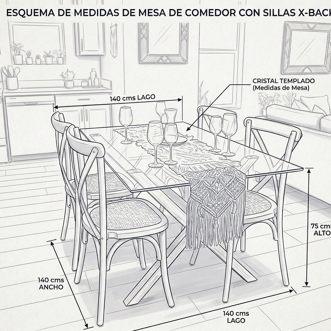 Comedor Medlock 140x90cms + 4 Sillas Crossback Madera 8
