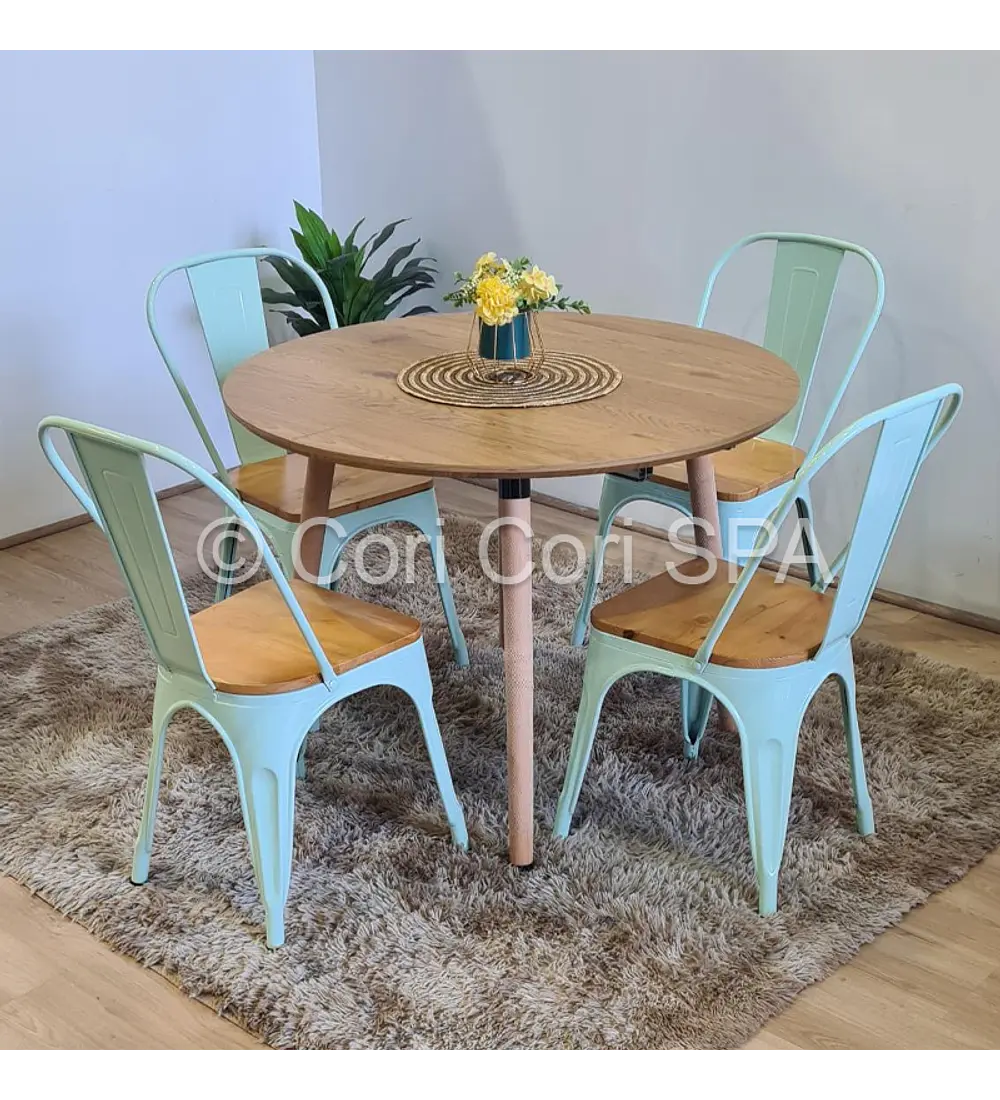 Comedor Mesa Aura Wood 100 cm + Sillas Tolix con Asiento de Madera