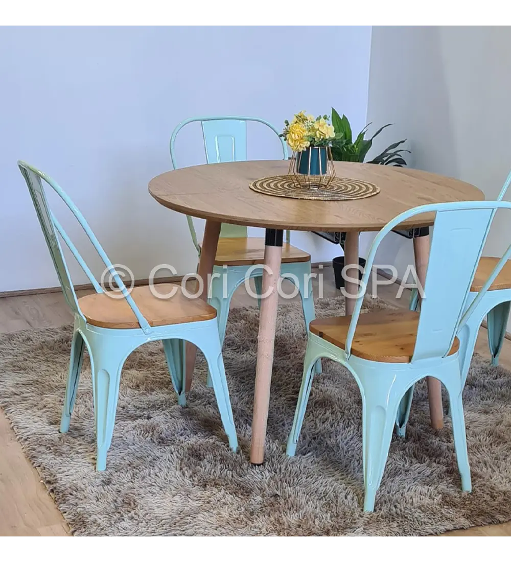 Comedor Mesa Aura Wood 100 cm + Sillas Tolix con Asiento de Madera