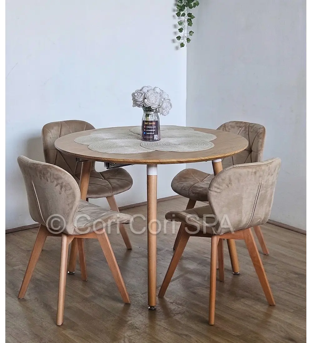 Comedor Mesa Aura Wood 100cm + 4 Sillas Mariposa Velvet
