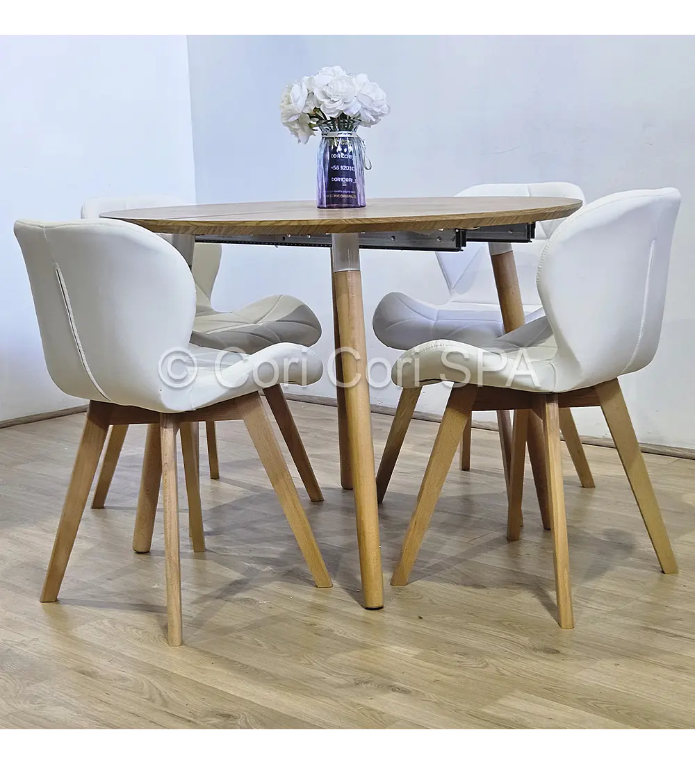 Comedor Mesa Aura Wood 100cms  + 4 Sillas Mariposa Ecocuero Wood 