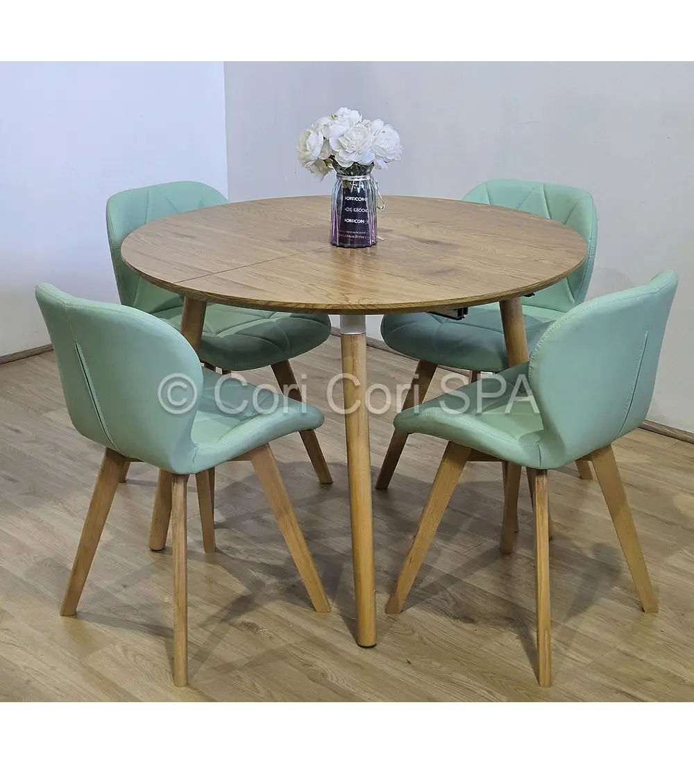 Comedor Mesa Aura Wood 100cms  + 4 Sillas Mariposa Ecocuero Wood 