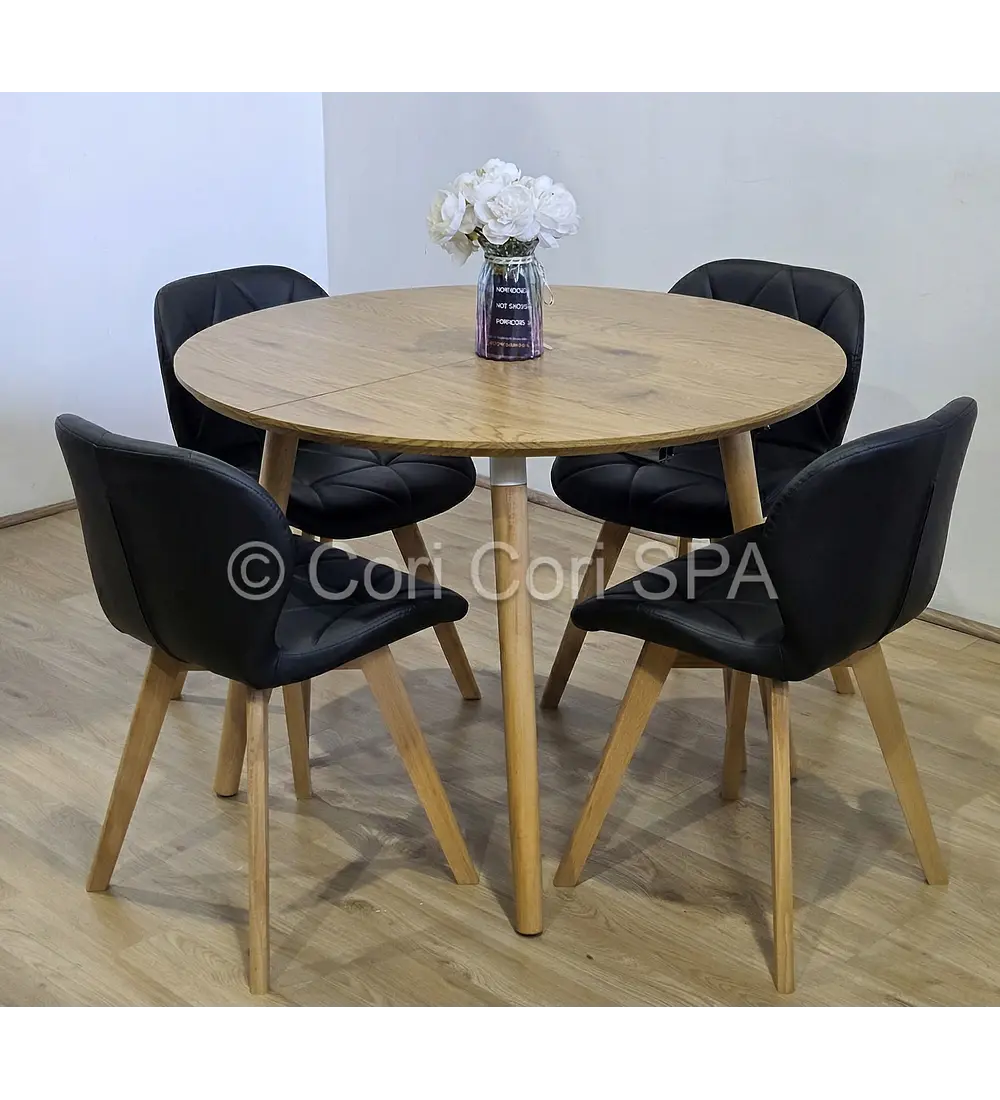 Comedor Mesa Aura Wood 100cms  + 4 Sillas Mariposa Ecocuero Wood 