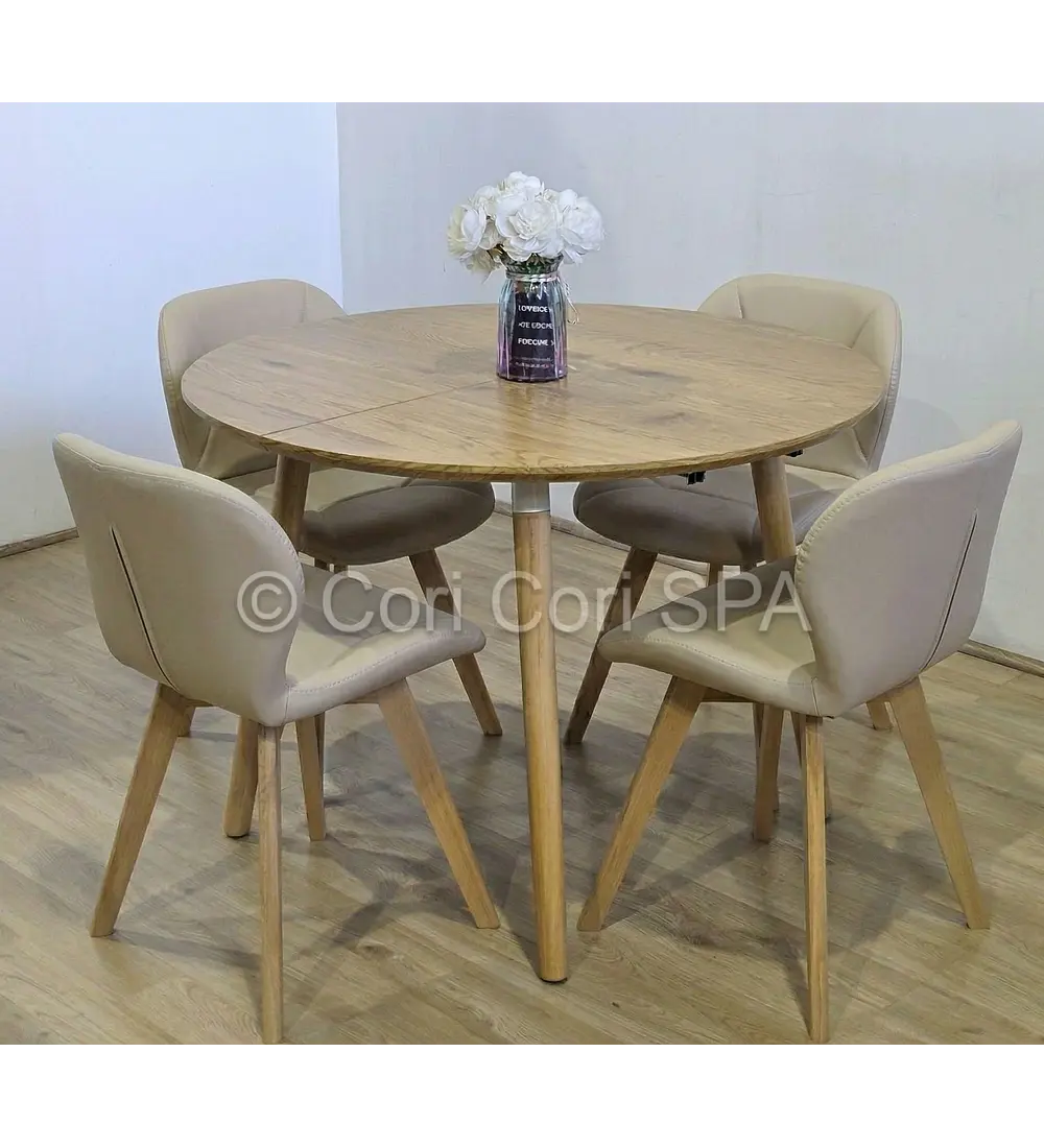 Comedor Mesa Aura Wood 100cms  + 4 Sillas Mariposa Ecocuero Wood 