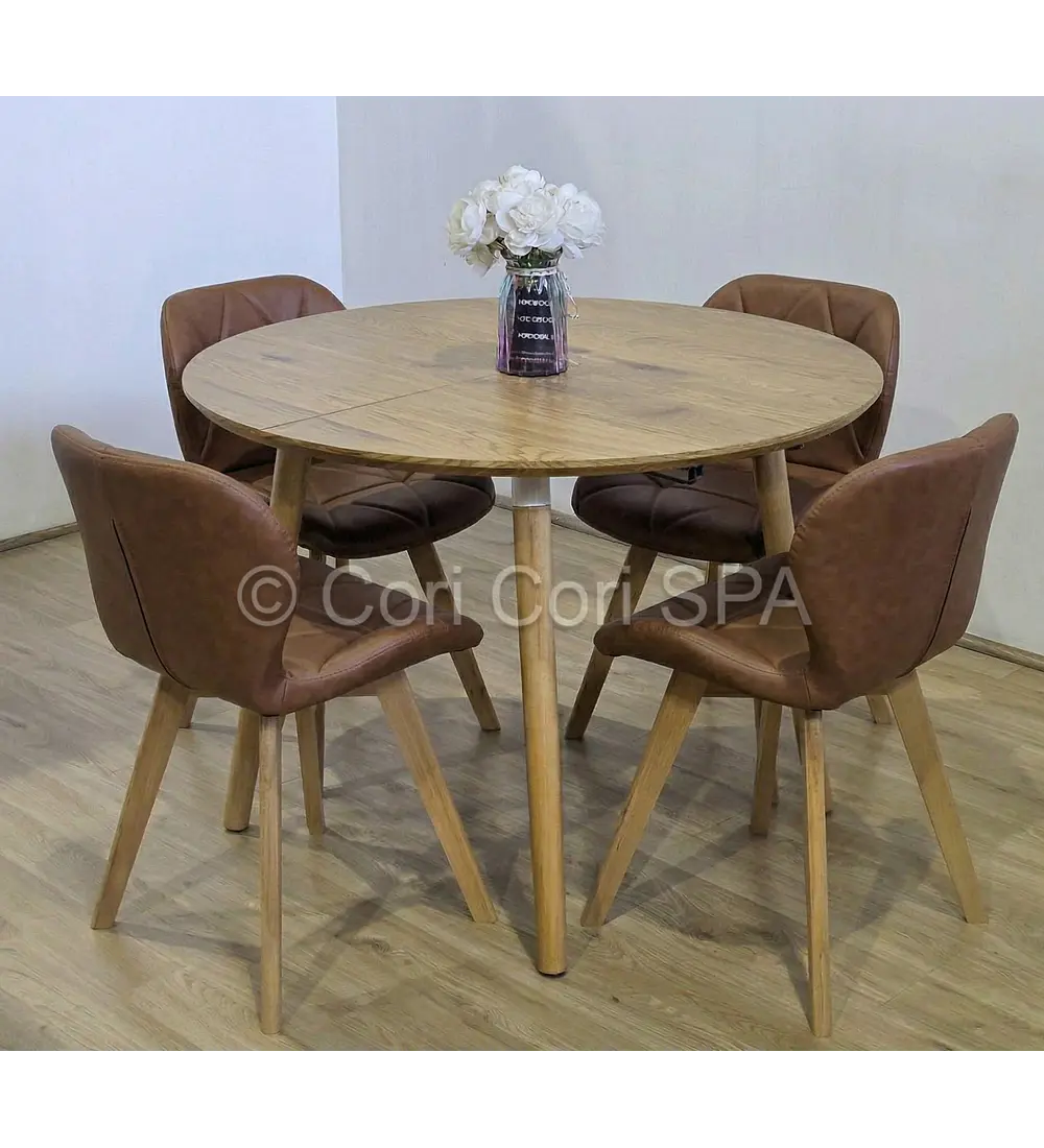 Comedor Mesa Aura Wood 100cms  + 4 Sillas Mariposa Ecocuero Wood 