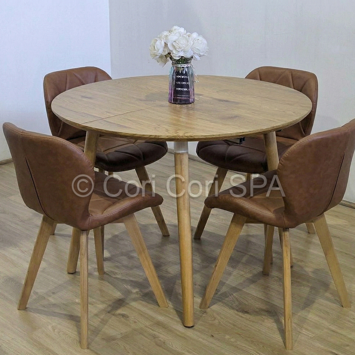 Comedor Mesa Aura Wood 100cms  + Sillas Mariposa Ecocuero Wood  14