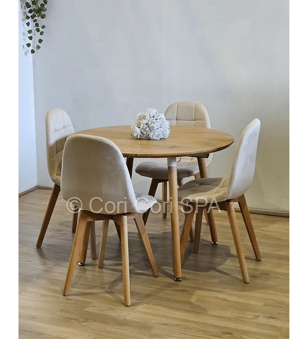 Comedor Mesa Aura Wood 100cms + 4 Sillas Capitonne Velvet