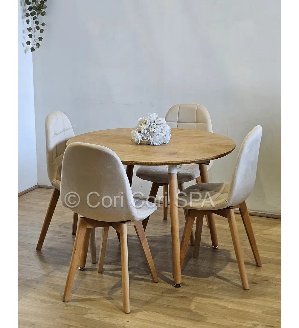 Comedor Mesa Aura Wood 100cms + 4 Sillas Capitonne Velvet