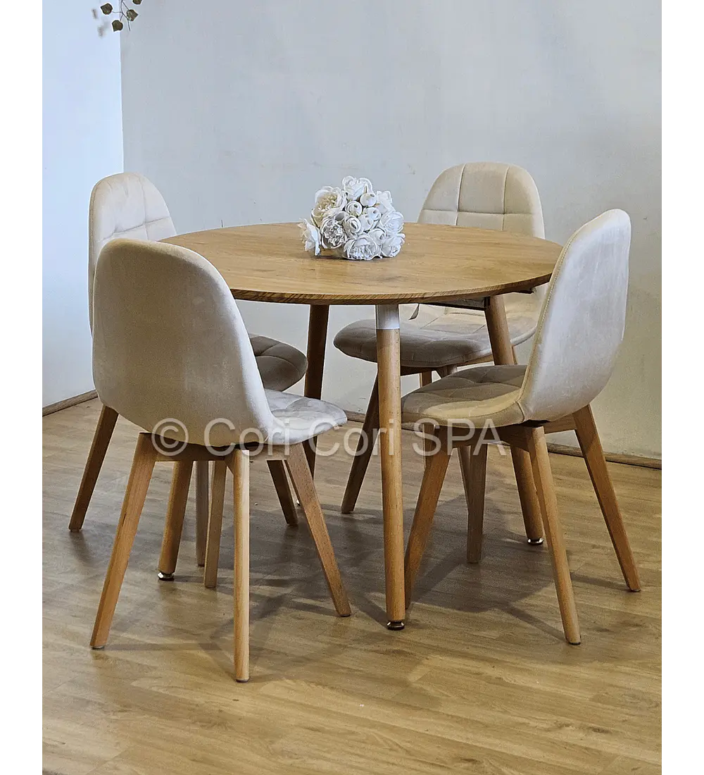 Comedor Mesa Aura Wood 100cms + 4 Sillas Capitonne Velvet