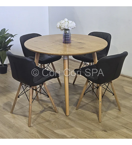 Comedor Mesa Aura Wood 100cms + 4 Silla Eames Mariposa Ecocuero