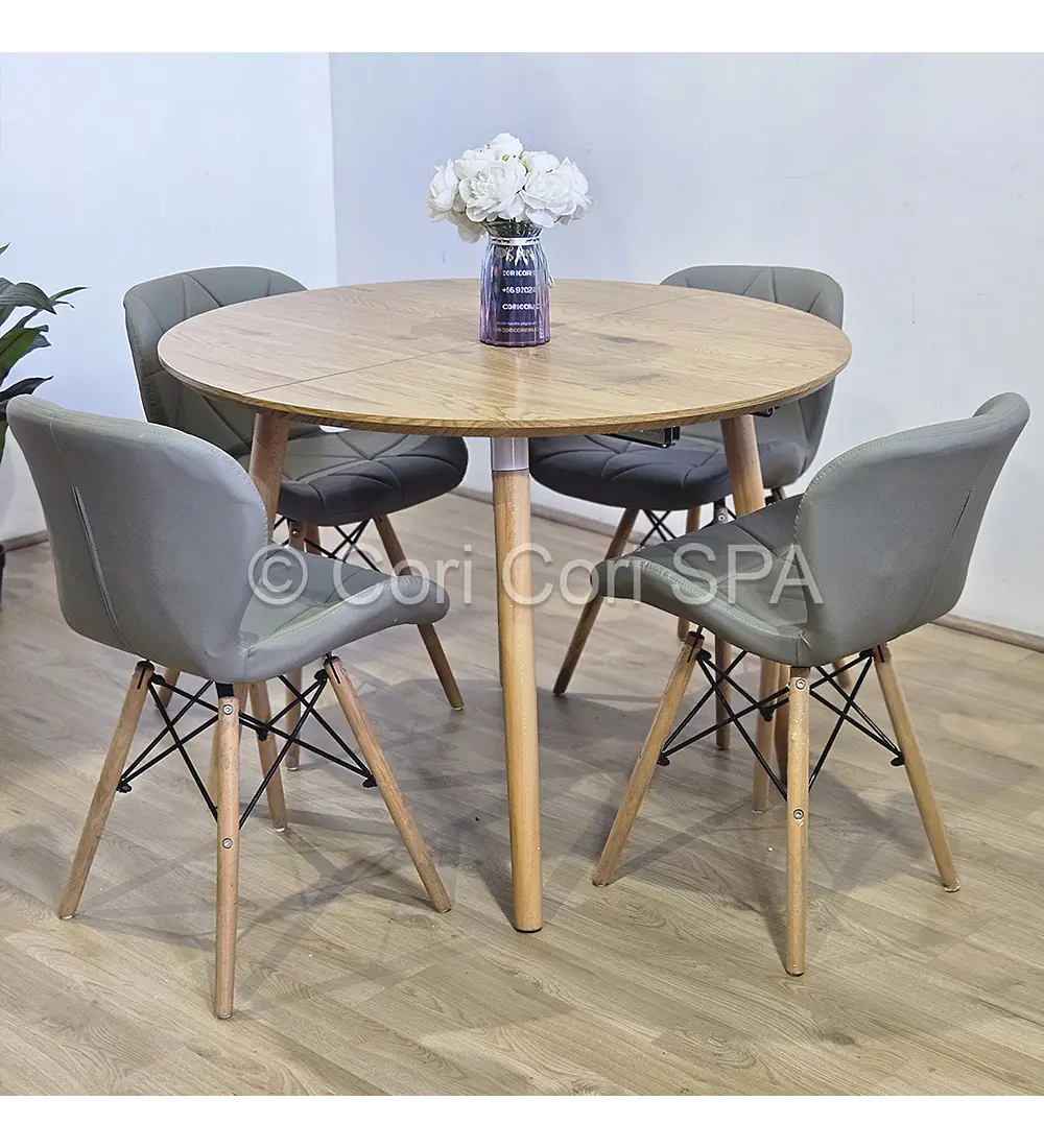 Comedor Mesa Aura Wood 100cms + 4 Silla Eames Mariposa Ecocuero
