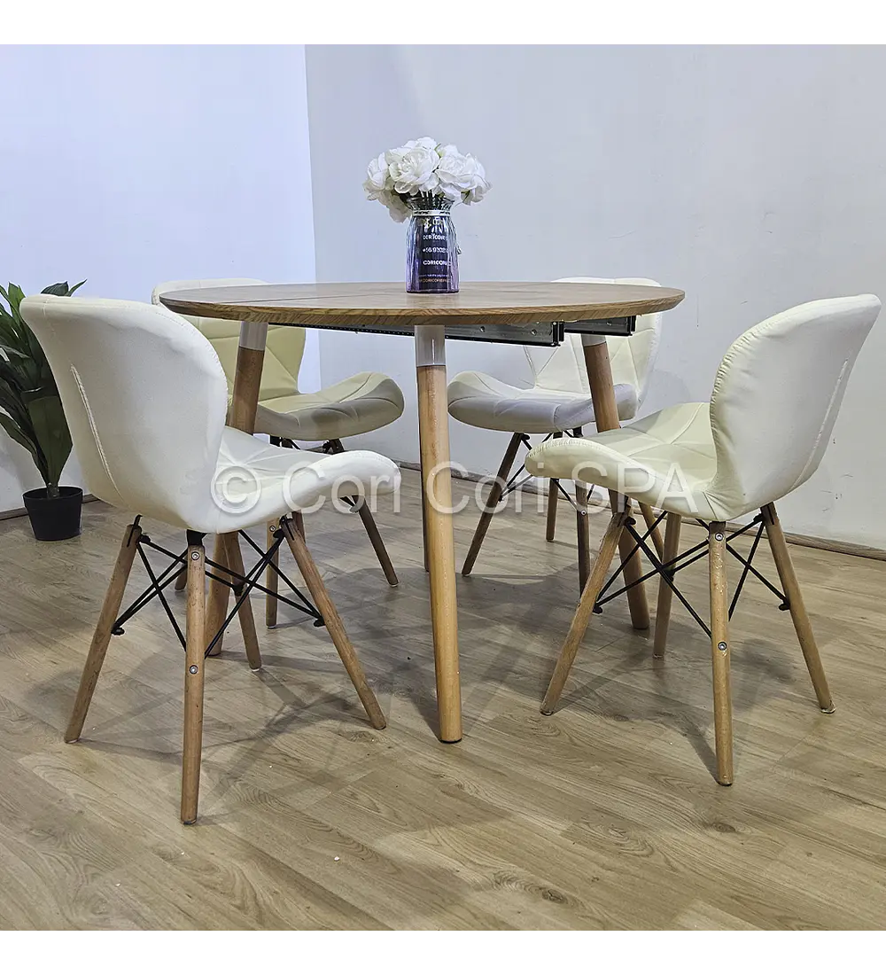 Comedor Mesa Aura Wood 100cms + 4 Silla Eames Mariposa Ecocuero