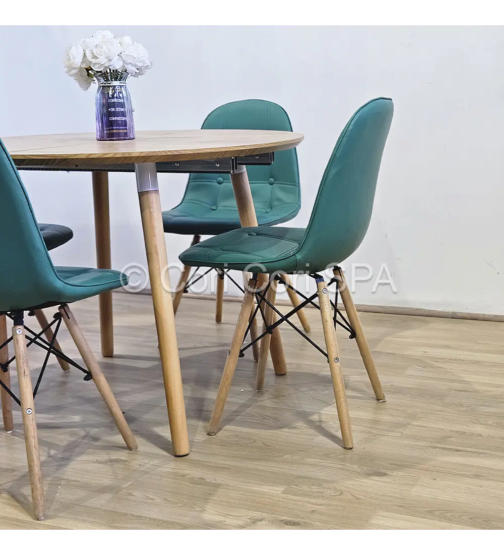 Comedor Mesa Aura Wood 100cms  + 4 Sillas Capitonne Eames Ecocuero