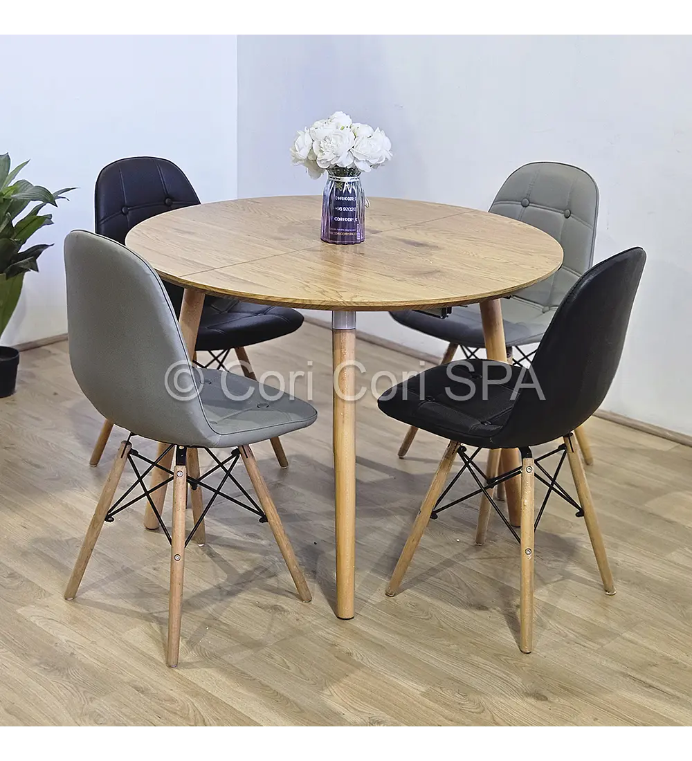 Comedor Mesa Aura Wood 100cms  + 4 Sillas Capitonne Eames Ecocuero