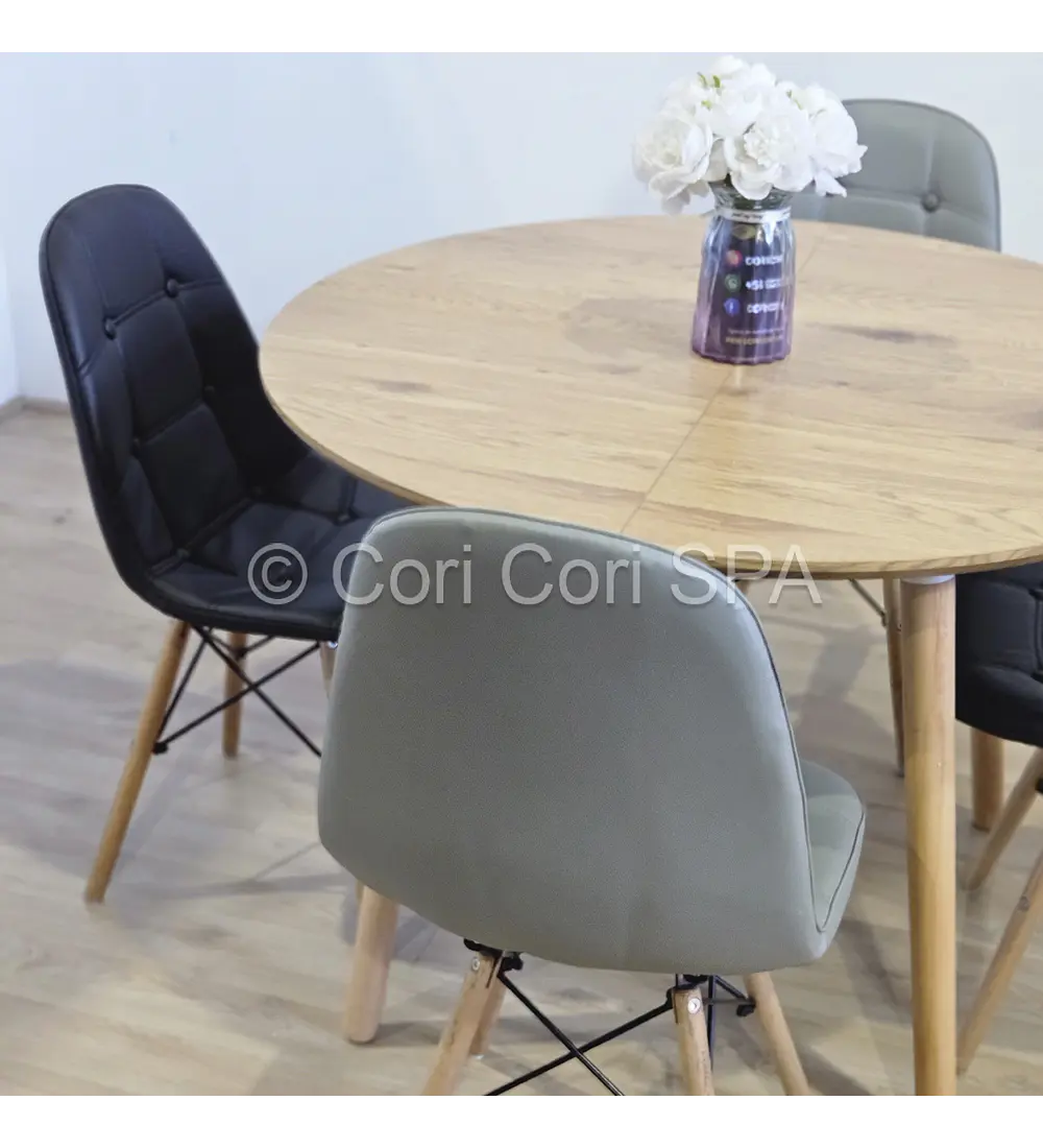 Comedor Mesa Aura Wood 100cms  + 4 Sillas Capitonne Eames Ecocuero
