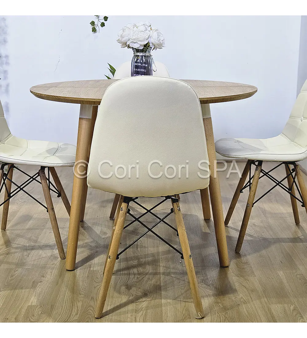 Comedor Mesa Aura Wood 100cms  + 4 Sillas Capitonne Eames Ecocuero