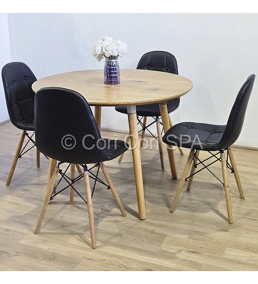 Comedor Mesa Aura Wood 100cms  + 4 Sillas Capitonne Eames Ecocuero
