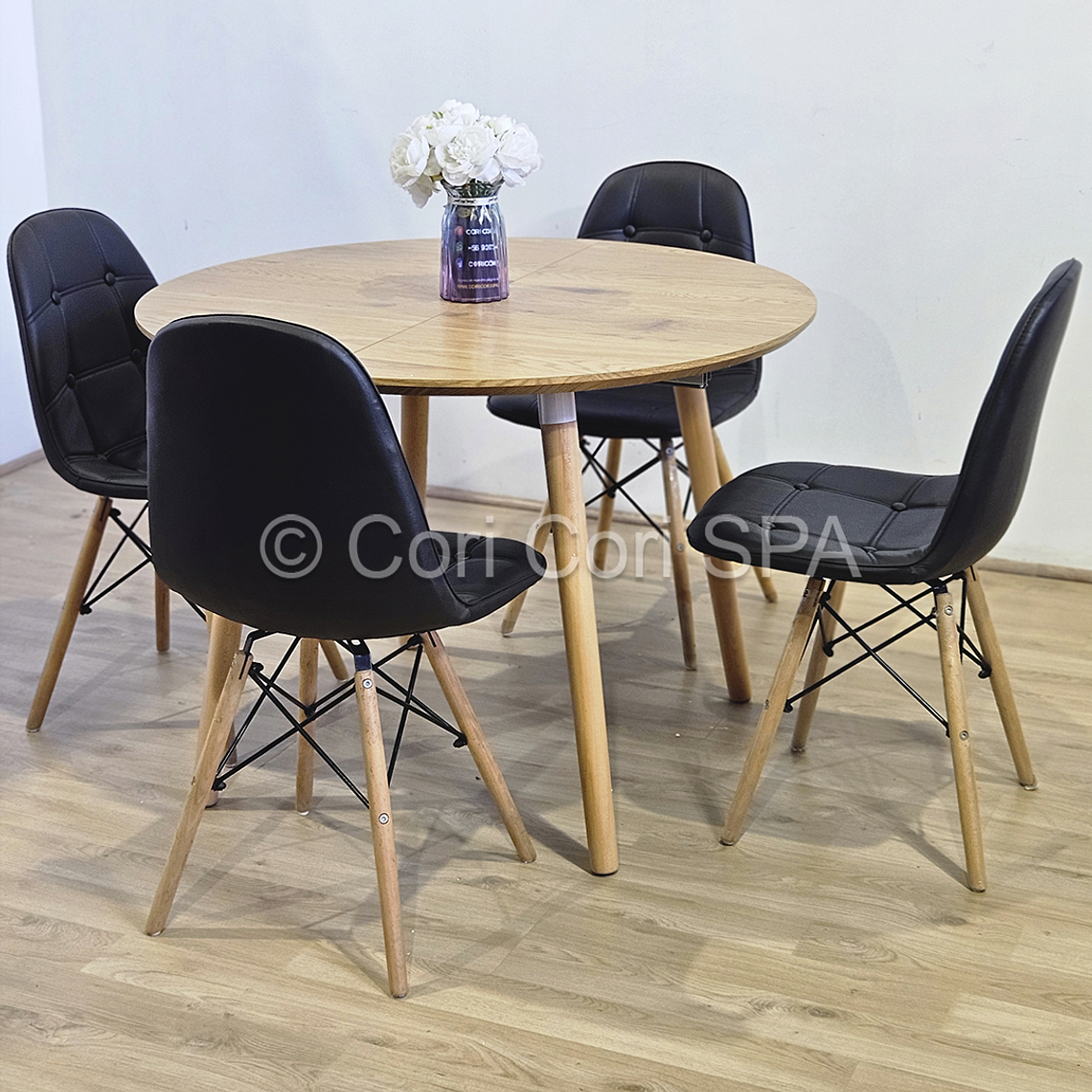 Comedor Mesa Aura Wood 100cms  + 4 Sillas Capitonne Eames Ecocuero 2
