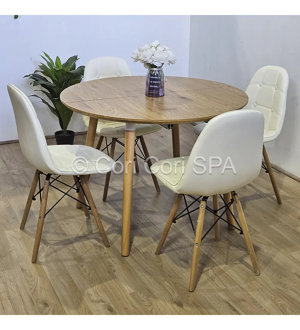 Comedor Mesa Aura Wood 100cms  + 4 Sillas Capitonne Eames Ecocuero