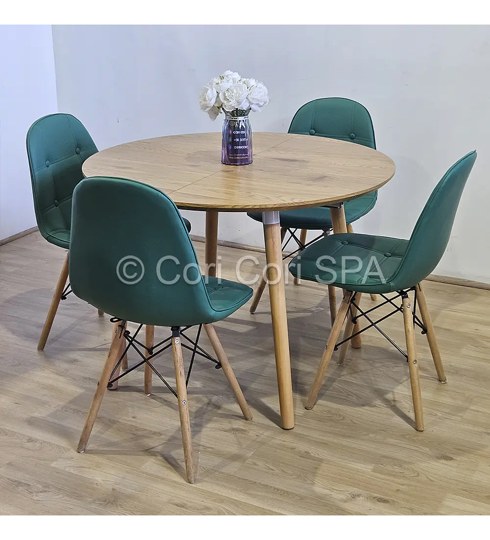 Comedor Mesa Aura Wood 100cms  + 4 Sillas Capitonne Eames Ecocuero