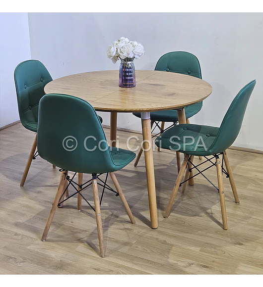 Comedor Mesa Aura Wood 100cms  + 4 Sillas Capitonne Eames Ecocuero