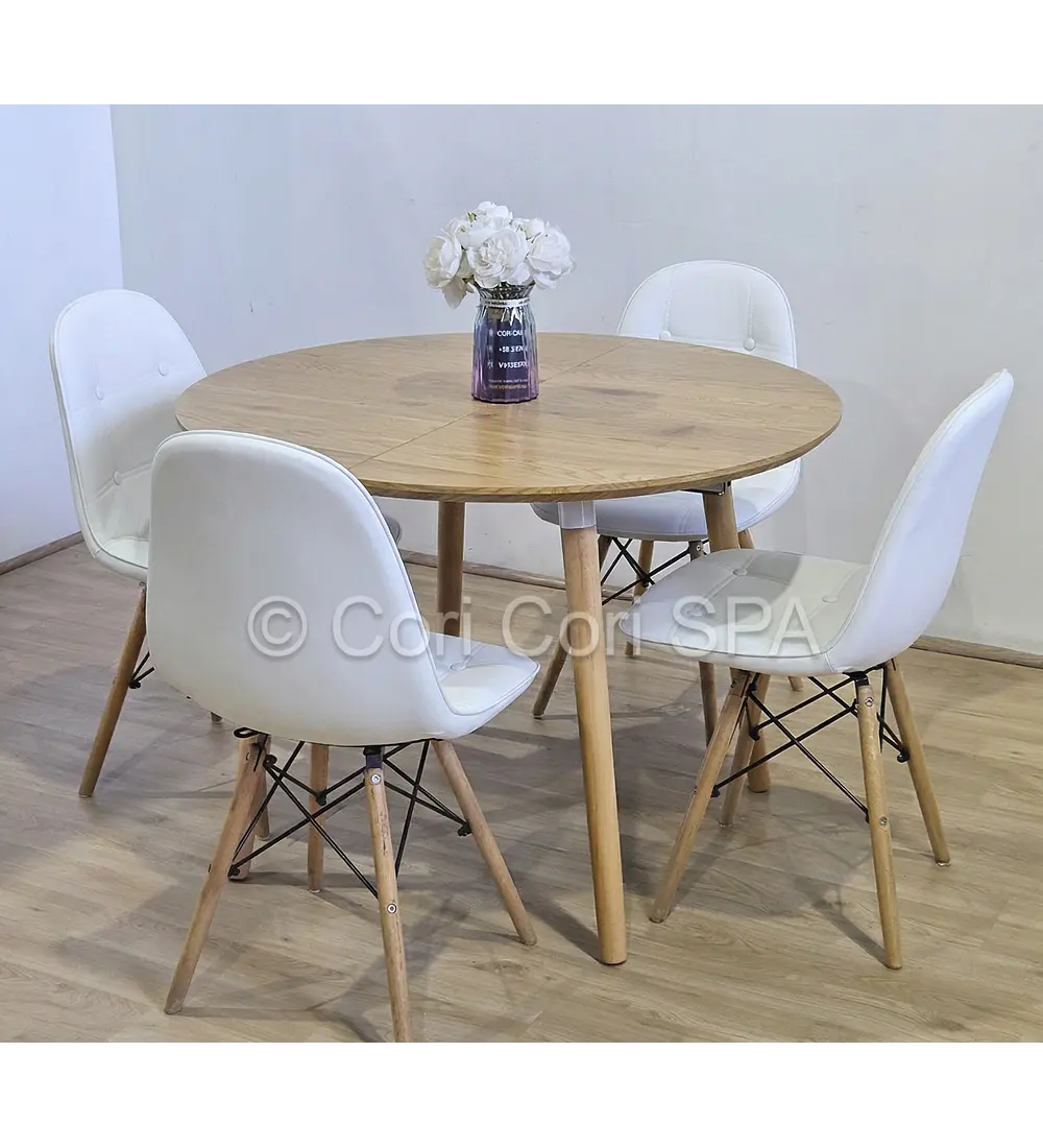 Comedor Mesa Aura Wood 100cms  + 4 Sillas Capitonne Eames Ecocuero