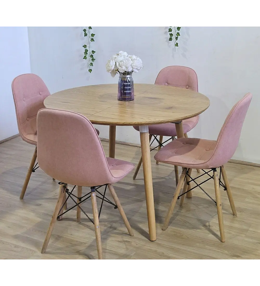 Comedor Mesa Aura Wood 100cms  + 4 Sillas Capitonne Eames Ecocuero