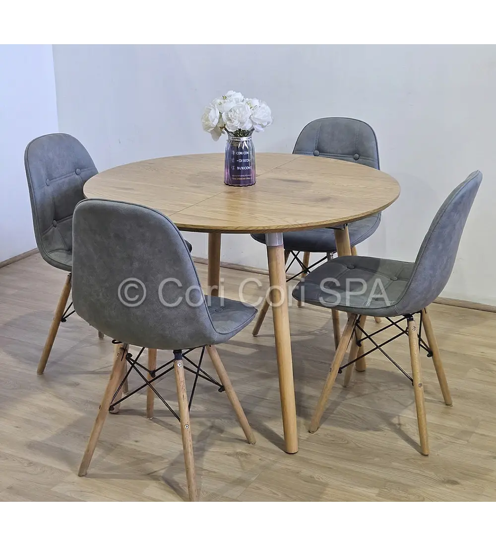 Comedor Mesa Aura Wood 100cms  + 4 Sillas Capitonne Eames Ecocuero