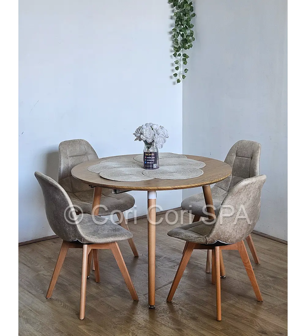 Comedor Mesa Aura Wood 100cms + 4 Sillas Capitonne Ecocuero Vintage