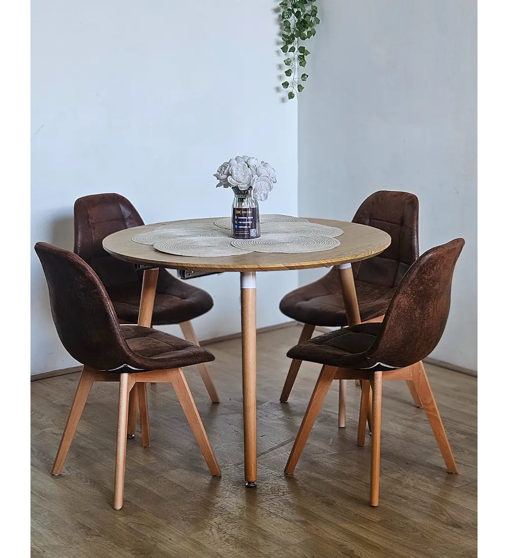 Comedor Mesa Aura Wood 100cms + 4 Sillas Capitonne Ecocuero Vintage