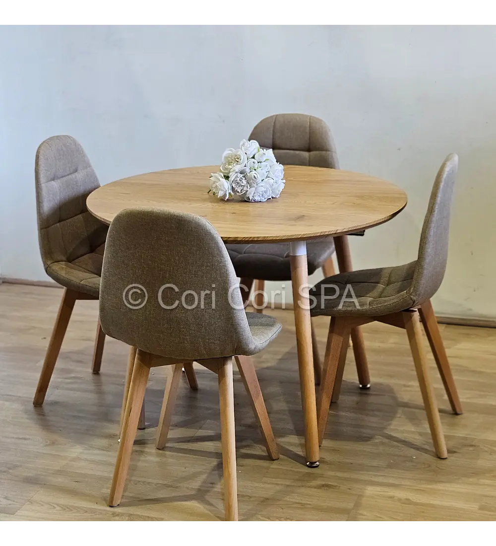 Comedor Mesa Aura Wood 100cms + 4 Sillas Capitonne Lino