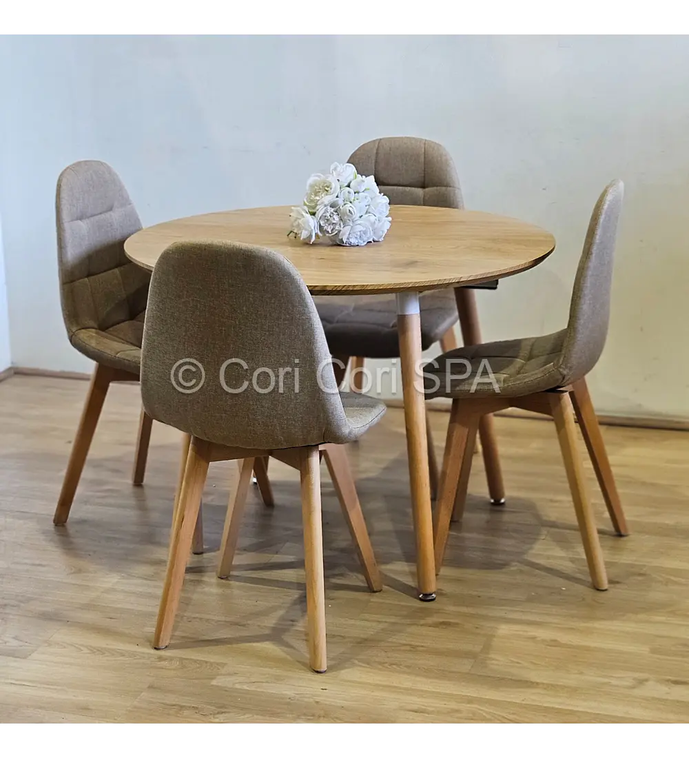 Comedor Mesa Aura Wood 100cms + 4 Sillas Capitonne Lino