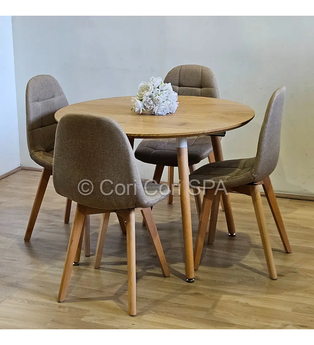 Comedor Mesa Aura Wood 100cms + 4 Sillas Capitonne Lino
