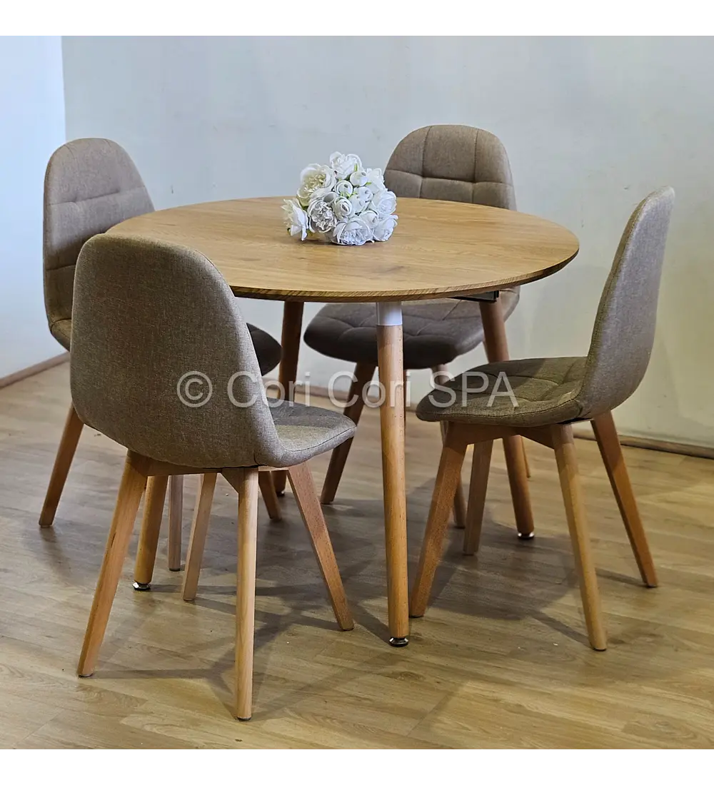 Comedor Mesa Aura Wood 100cms + 4 Sillas Capitonne Lino