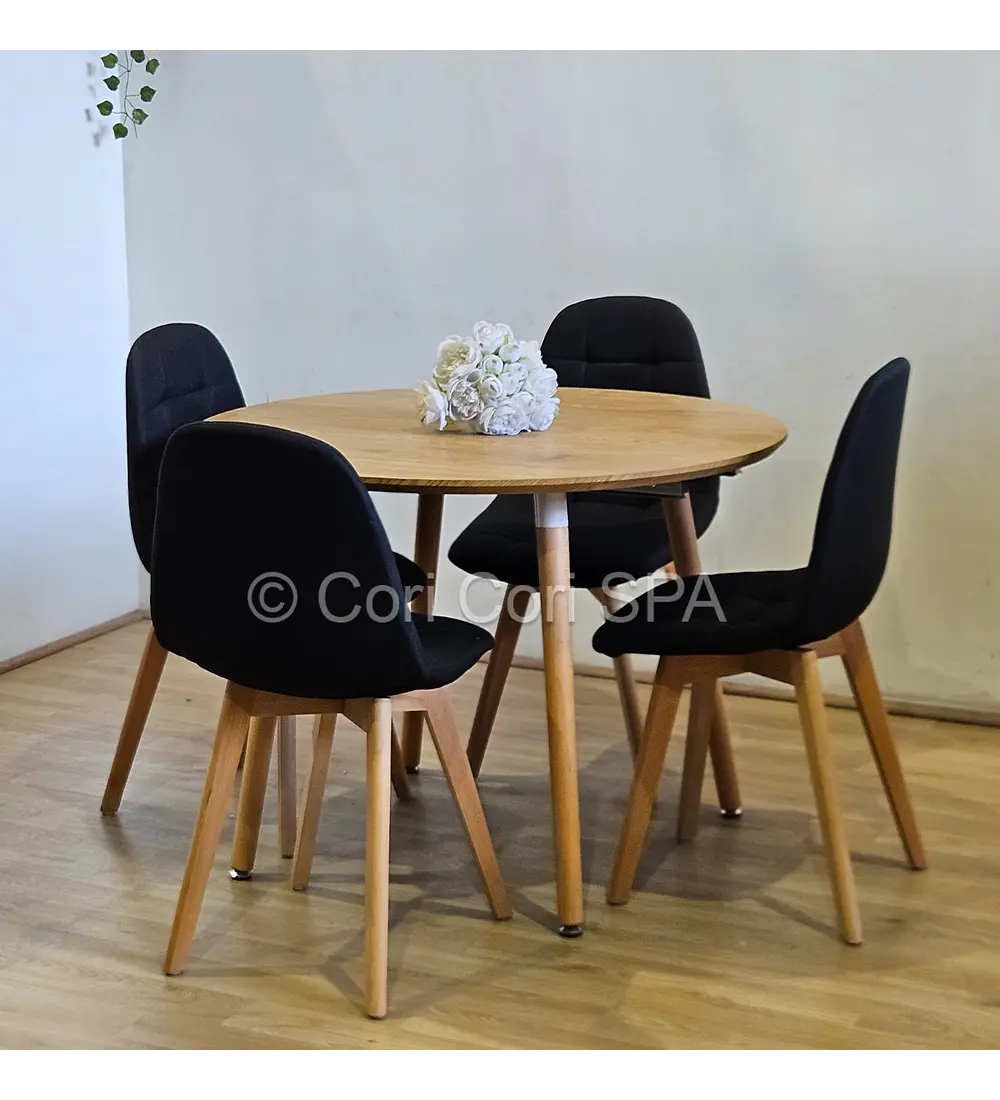 Comedor Mesa Aura Wood 100cms + 4 Sillas Capitonne Lino