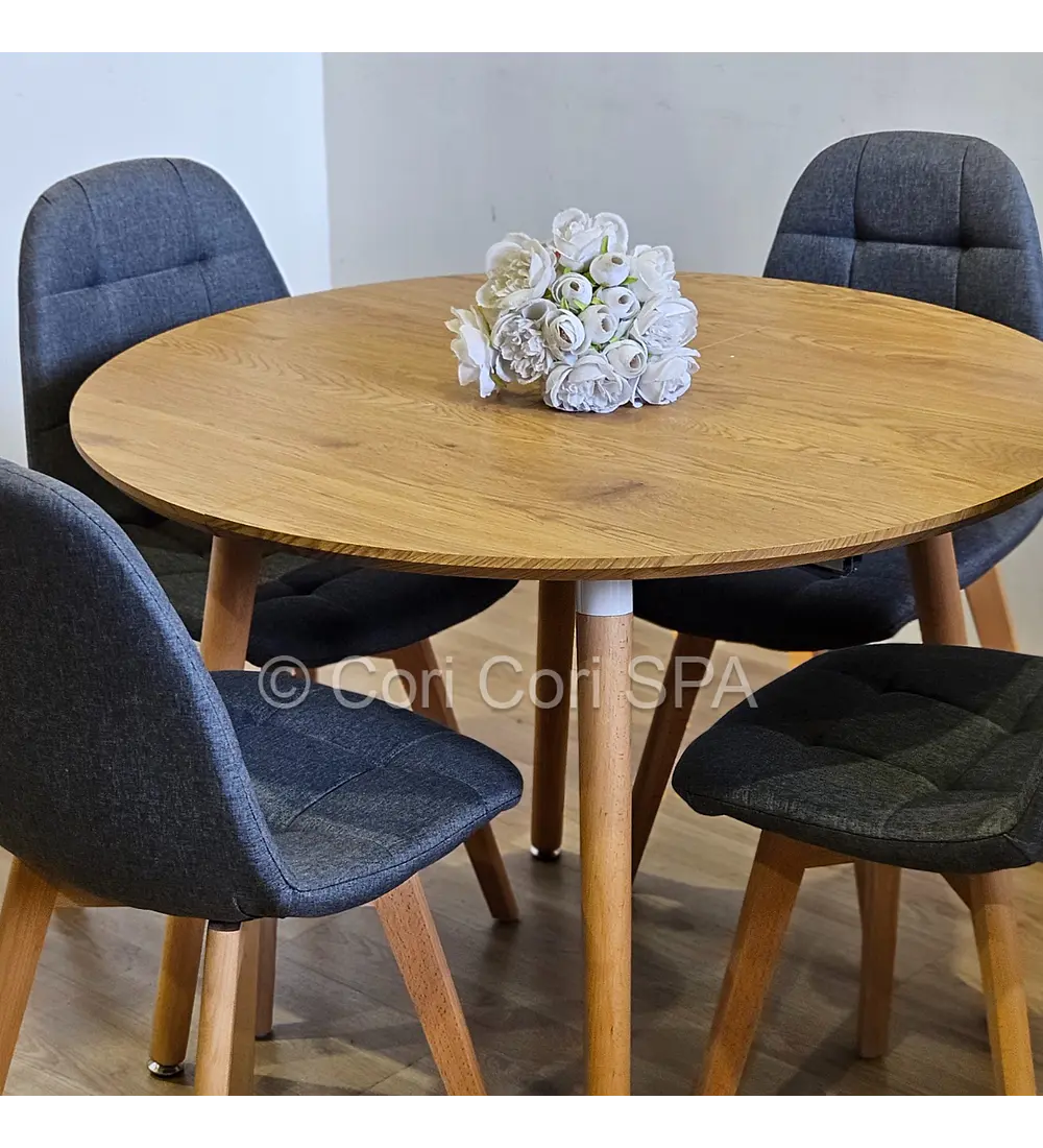 Comedor Mesa Aura Wood 100cms + 4 Sillas Capitonne Lino