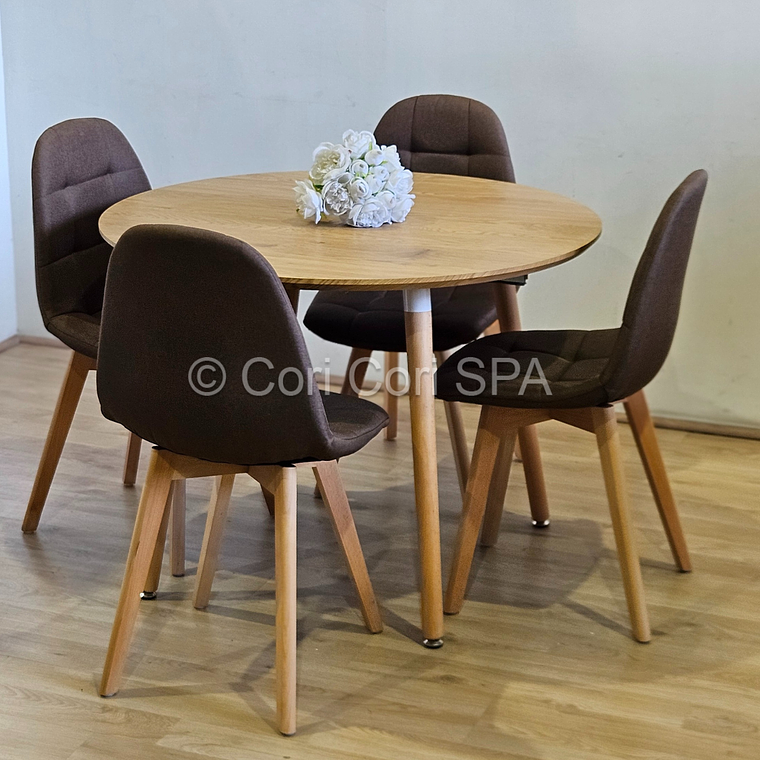 Comedor Mesa Aura Wood 100cms + 4 Sillas Capitonne Lino 14