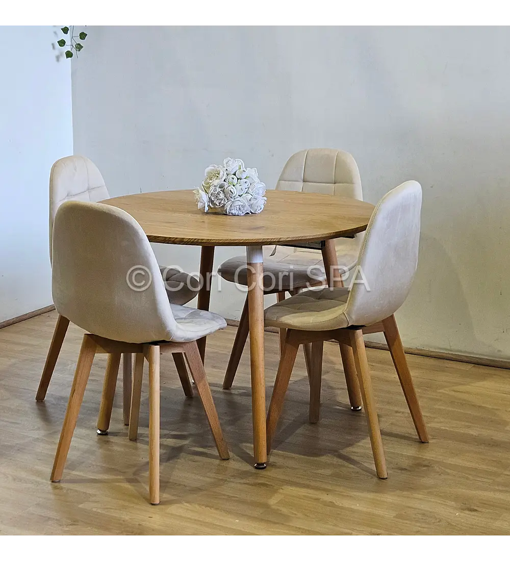 Comedor Mesa Aura Wood 100cms + 4 Sillas Capitonne Lino