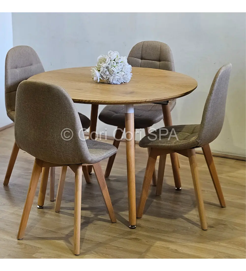 Comedor Mesa Aura Wood 100cms + 4 Sillas Capitonne Lino