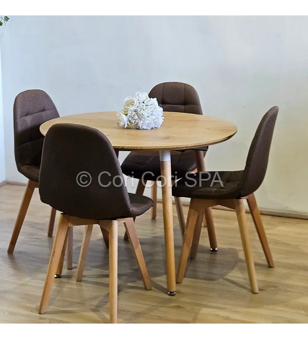 Comedor Mesa Aura Wood 100cms + 4 Sillas Capitonne Lino