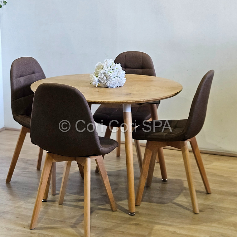 Comedor Mesa Aura Wood 100cms + 4 Sillas Capitonne Lino 18
