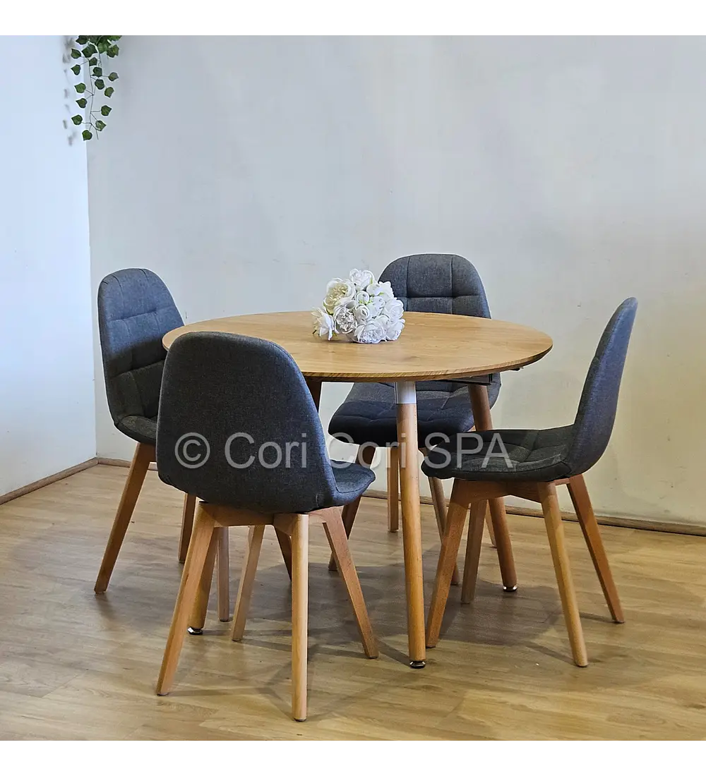Comedor Mesa Aura Wood 100cms + 4 Sillas Capitonne Lino