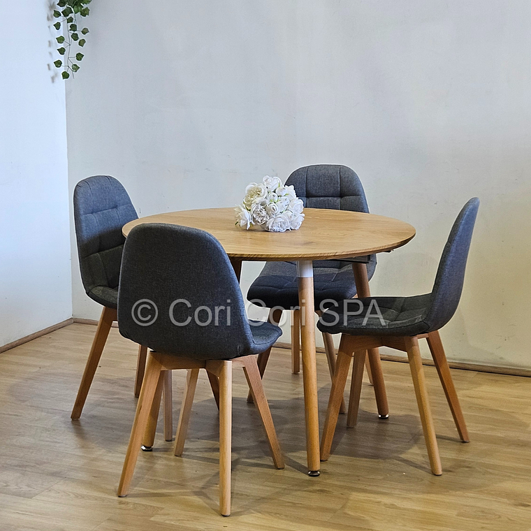 Comedor Mesa Aura Wood 100cms + 4 Sillas Capitonne Lino 22
