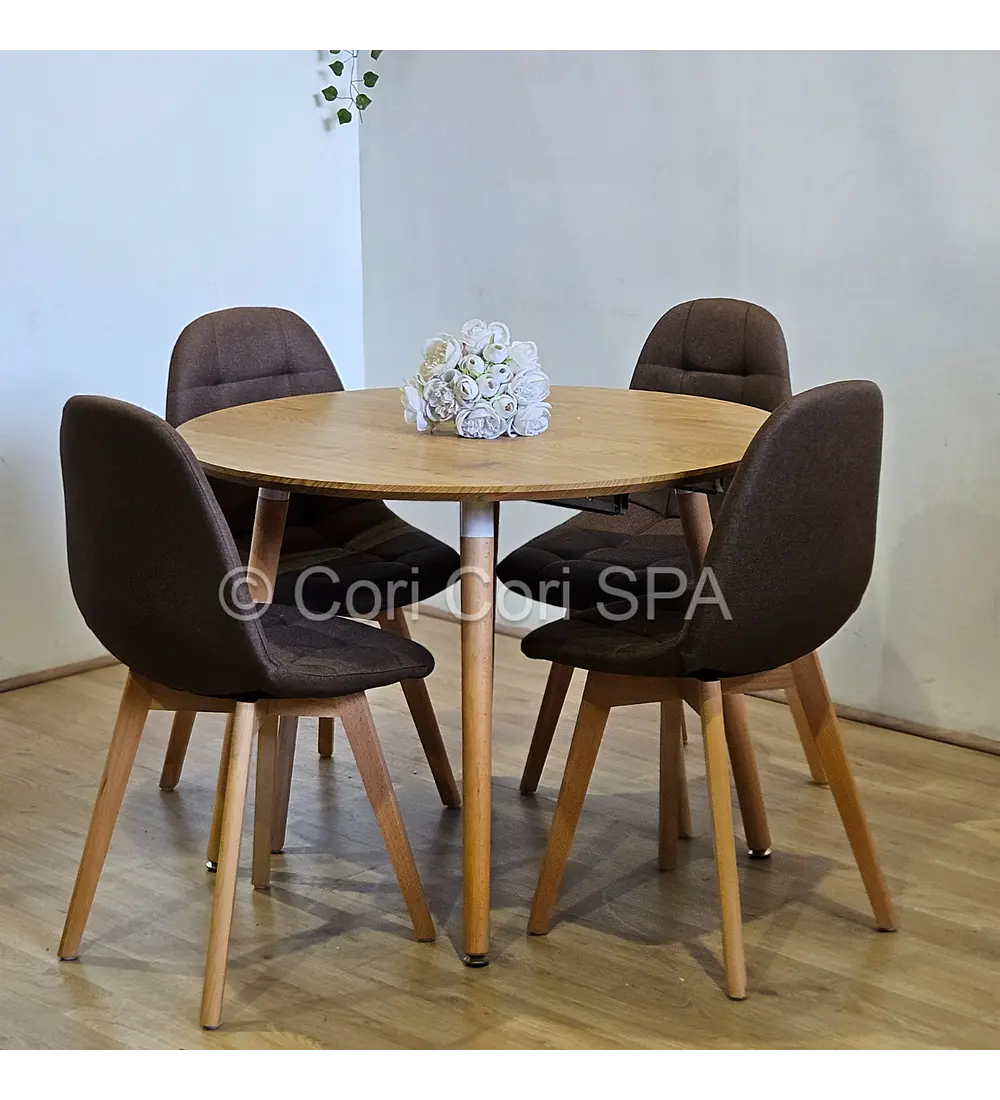 Comedor Mesa Aura Wood 100cms + 4 Sillas Capitonne Lino